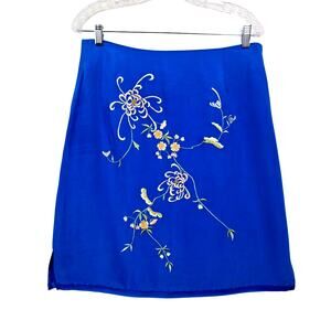 Vintage Boston Proper 100% Silk Size 10 Blue Embroidered Lined Skirt Boho #873